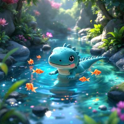 The primary subject of the image is a small, cute, and colorful cartoon alligator or dinosaur, which is floating in a body of water. The setting is a lush, green environment with a forest in the background. The visual style is a digital art or illustration, creating a whimsical and playful atmosphere. The colors are predominantly blue and green, with the alligator being blue and the water being green. The overall mood of the image is light-hearted and fun.